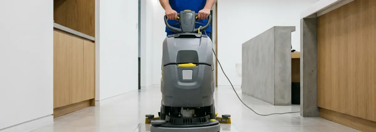 Janitorial staff using a floor scrubber machine to clean a commercial hallway, West Palm Beach, FL.