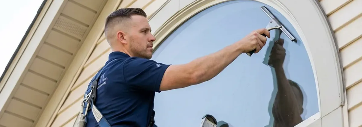 Professional window cleaner using a squeegee to clean an exterior arched window on a home, West Palm Beach, FL.