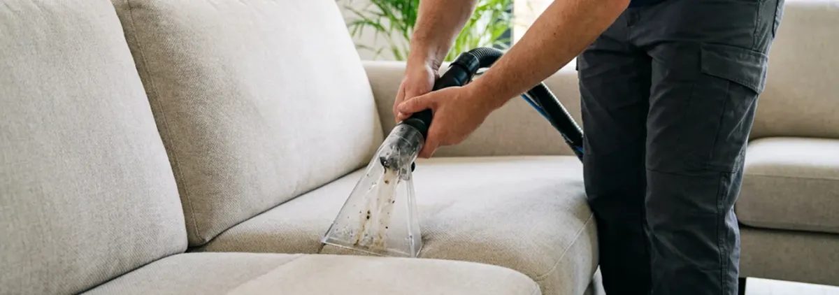 Technician extracting dirt and moisture from a fabric sofa with an upholstery cleaning wand, West Palm Beach, FL.